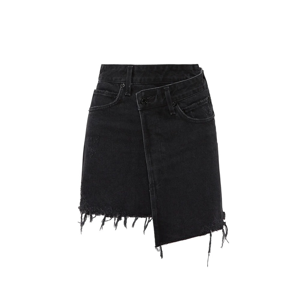 AGOLDE Ren Asymmetric Criss Cross Denim Mini Skirt Black‎ Distressed A3004-898